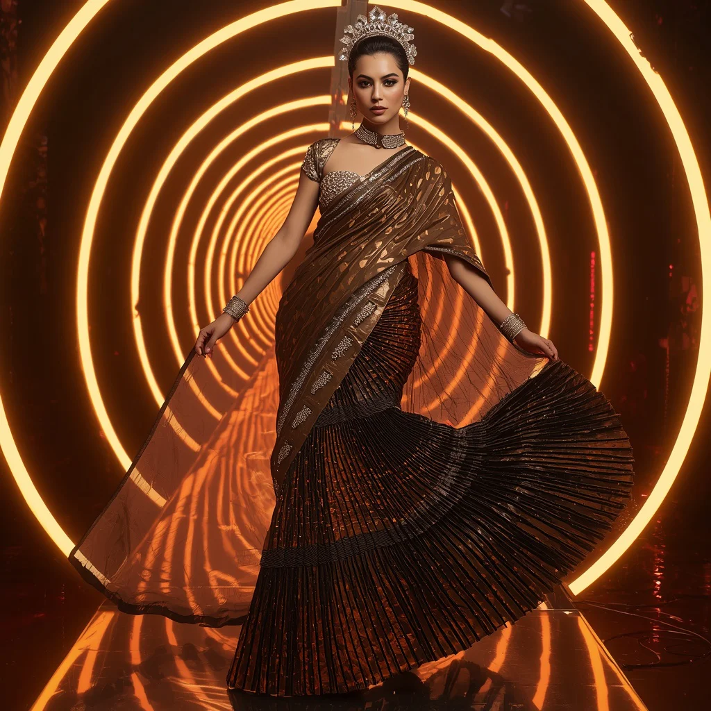 Bronze Eclipse Infinity Saree with Floating Helix Neon Corridors | new instagram trend prompt for girl aesthetic — AI image prompt