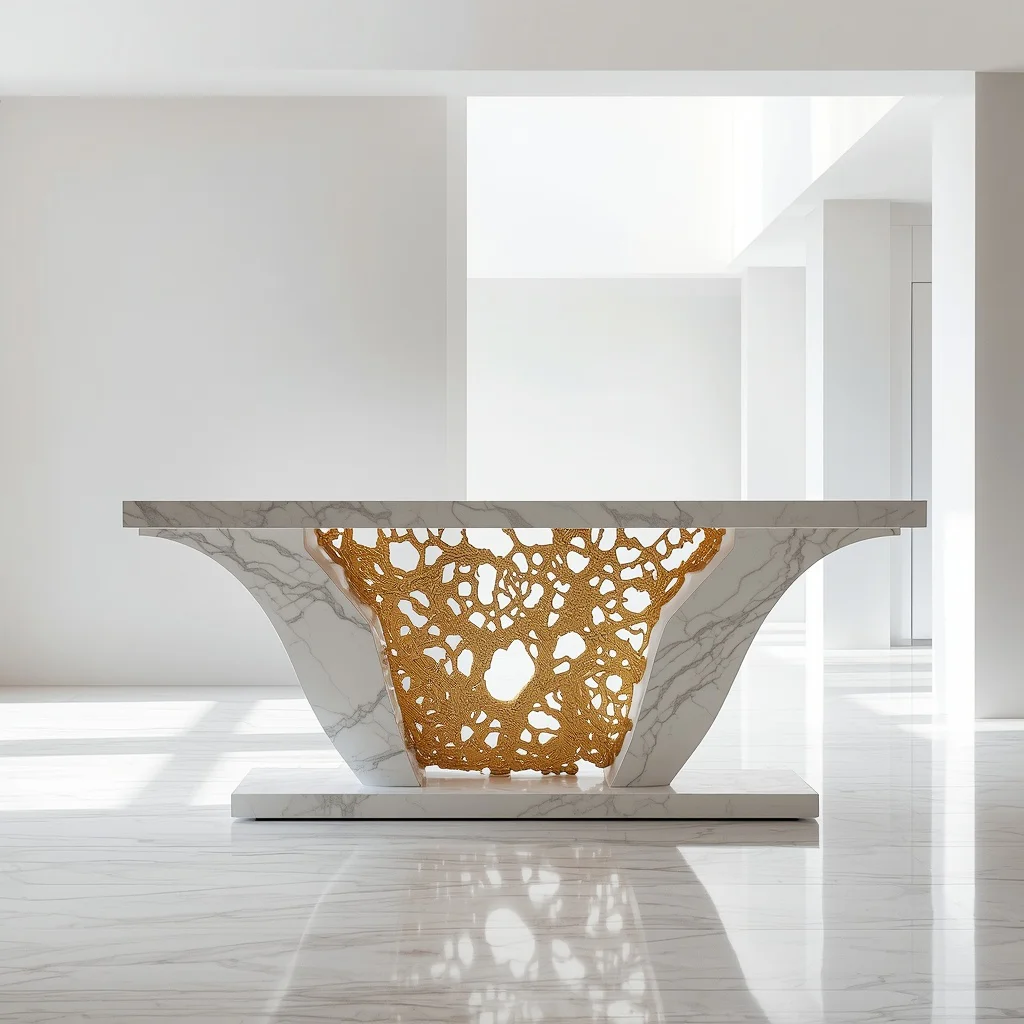 Majestic Hovering White Marble Console Table With 3D Gold Filigree Structural Core | prompt for gemini ai style trending instagram link — AI image prompt