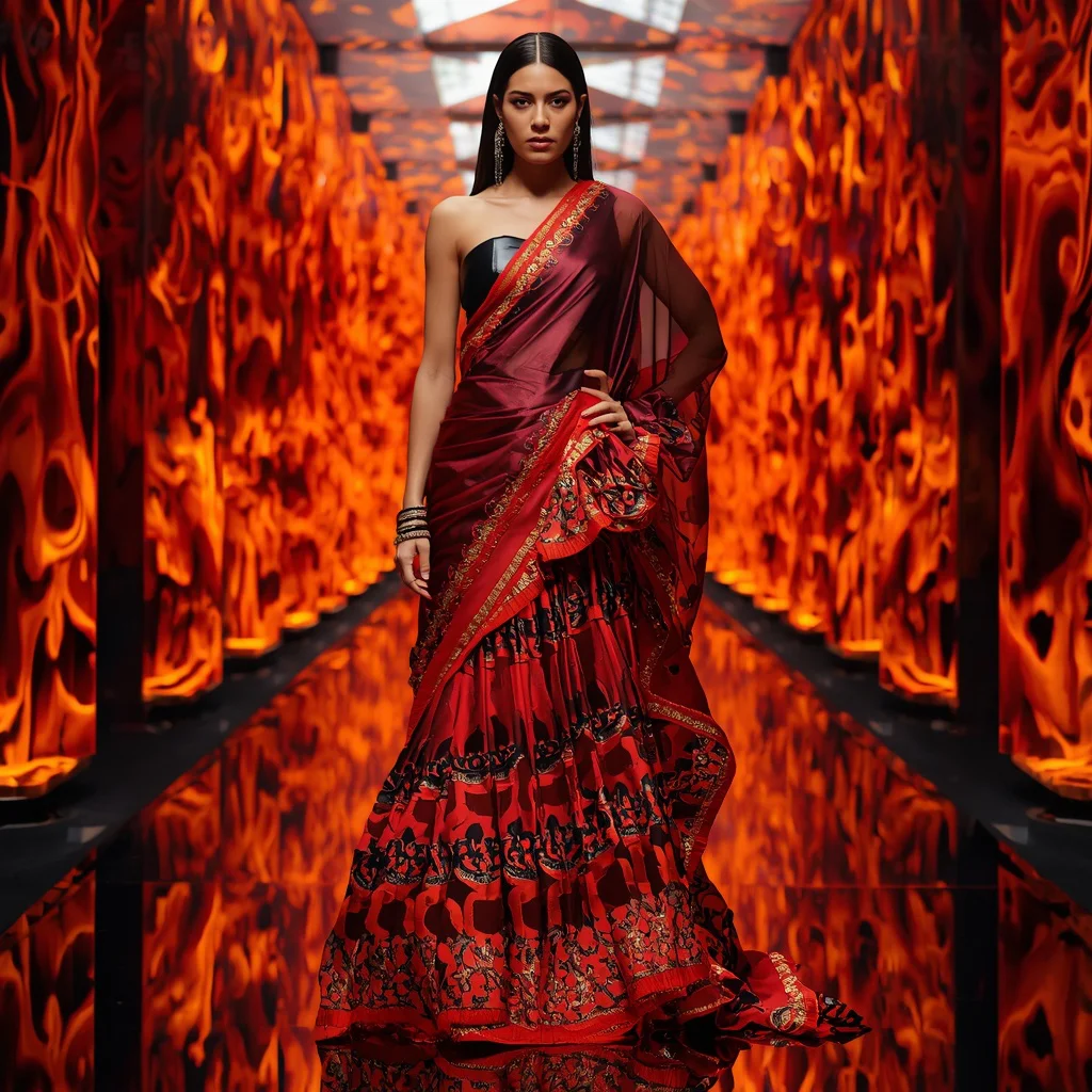 Mirror Flame Cobra Loop Saree with Infinite Fire Energy Vortex Corridor | instagram trending prompt copy and paste — AI image prompt