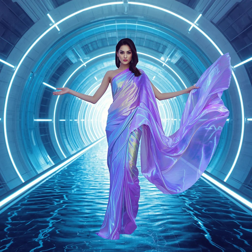 Quantum Silk Aurora Flow Saree with Floating Energy Ocean Corridor | instagram trending saree prompt in english — AI image prompt