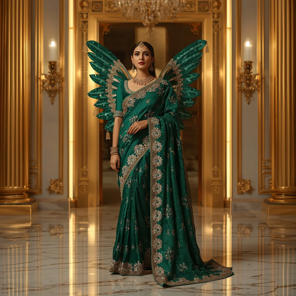 Royal Emerald Mirror Saree Fashion with Grand Golden Corridor Background | trending saree prompt for girl instagram — AI image prompt