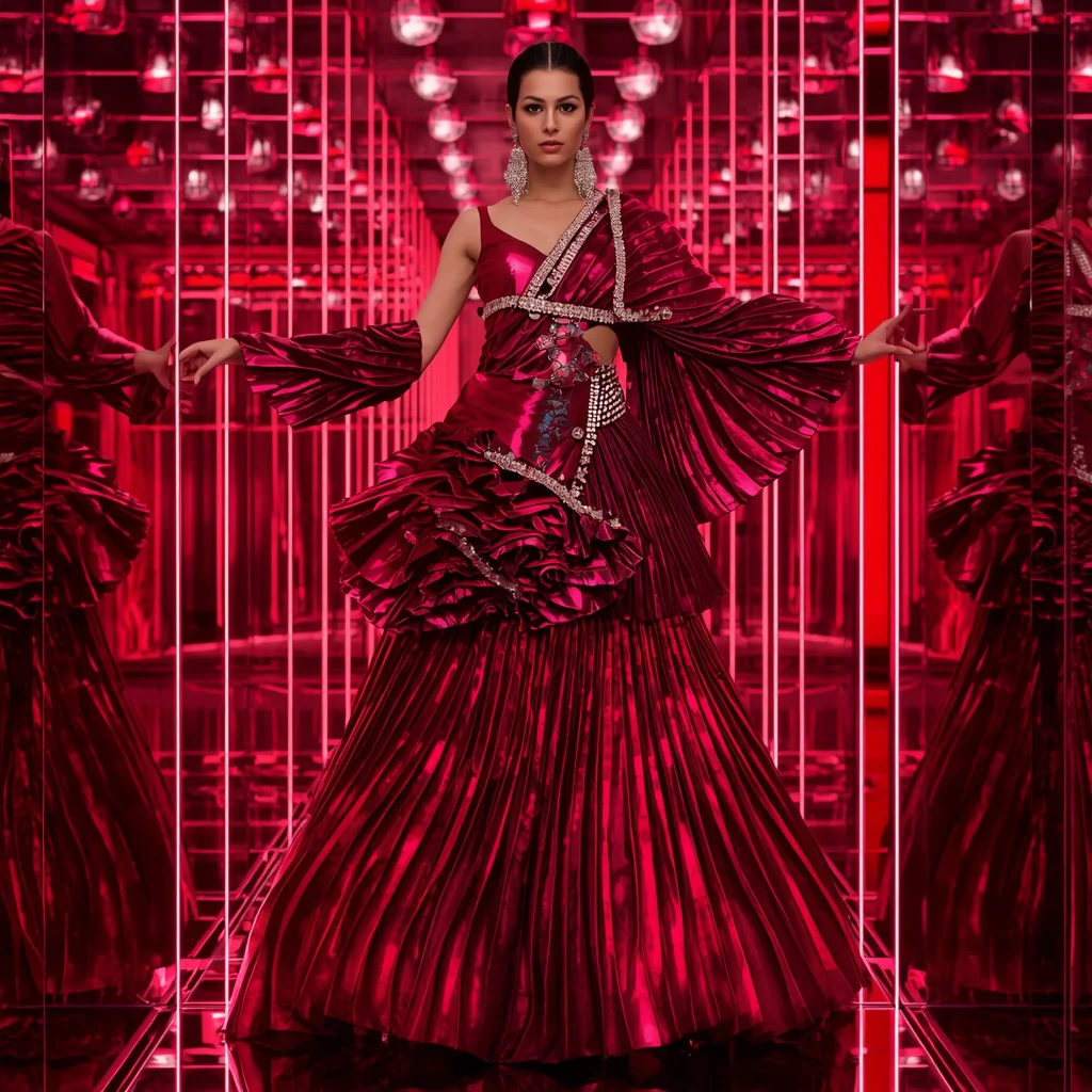 Ruby Voltage Infinity Saree with Mirror Sphere Neon Corridors | ai image generator prompt text — AI image prompt