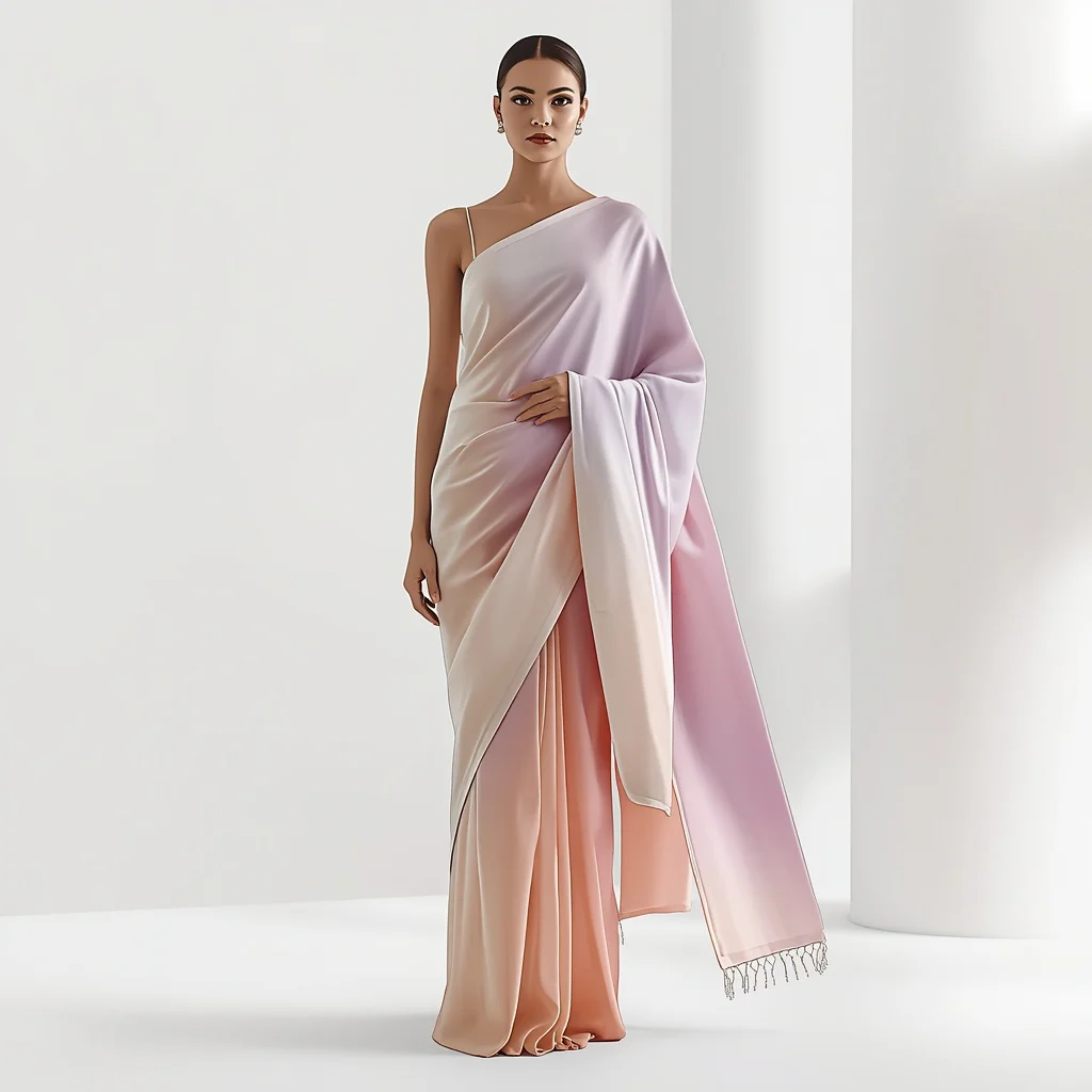 Ultra Futuristic Smooth Fabric Gradient Saree With Seamless Color Flow And Soft Transition Textile System Design | trending purple saree prompt instagram — AI image prompt